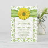 Yellow Green Damask Daisy Wedding Invitation Kaart (Staand voorkant)