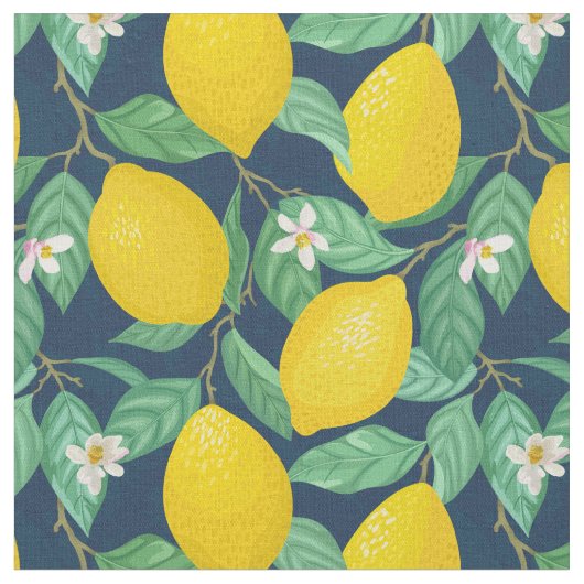 Yellow Green Navy Blue Lemon Pattern Stof (Close Up)