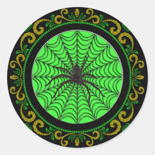Yellow Green Spider Web en Black Spider Halloween Ronde Sticker