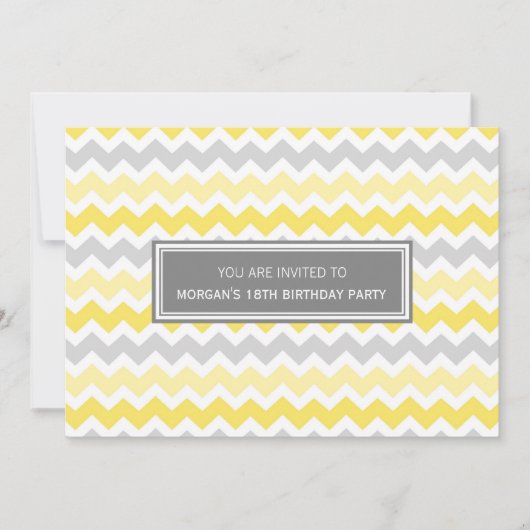 Yellow Grey Chevron 18th Birthday Party Invitation Kaart (Voorkant)