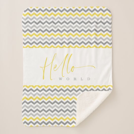 Yellow & Grey Zig Zag Stripes Hello World Quote Sherpa Deken (Voorkant)