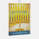 Yellow Hanukkah Menorah Peace Love Light Script Glas Ornament (Voorkant Rechts)