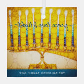 Yellow Hanukkah Menorah Peace Love Light Script Glas Ornament (Achterkant)