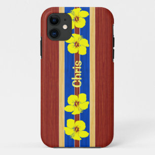 Yellow Hibiscus Fake Wood Surfboard iPhone 11 Hoesje