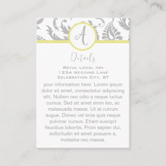 Yellow Iris Damask Wedding Direcding Place Card Informatiekaartje (Voorkant)