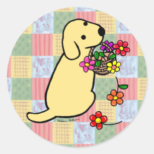 Yellow Labrador Puppy Bloemmand Cartoon Ronde Sticker