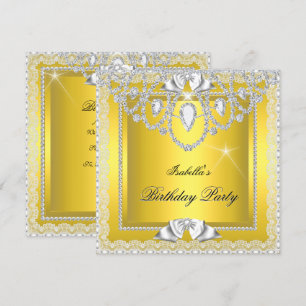 Yellow Lace Elegant Diamonds Silver Birthday Party Kaart
