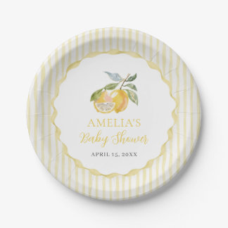 Yellow Lemon Citrus Stripes Baby Shower Papieren Bordje