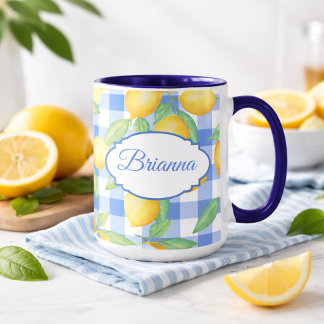 Yellow Lemon Print on Blue and White Gingham Mug Mok