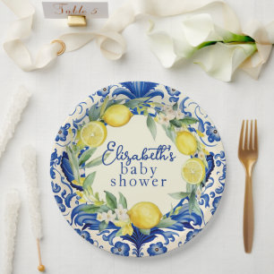Yellow Lemons Blue Tegel Citroen Baby shower Papieren Bordje