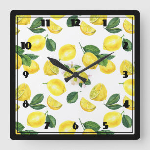 Yellow Lemons Watercolor Pattern Vierkante Klok