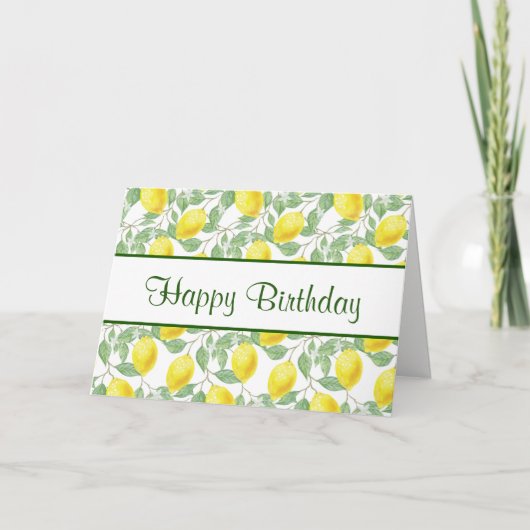 Yellow Lemons with Green Leaves Pattern Birthday Kaart (Voorkant)