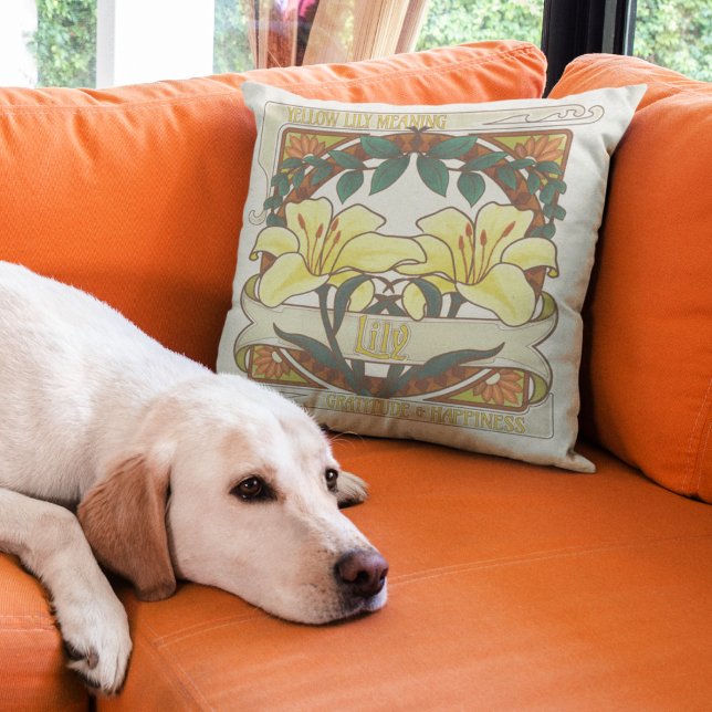 Yellow Lily  Flowers Dankbaarheid Geluk Kussen (Yellow Lilies Vintage Floral Throw Pillow: Victorian Flower Meaning Gratitude and Happiness )