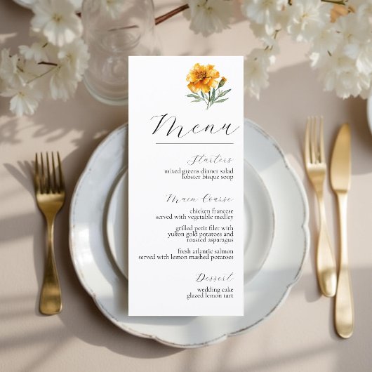 Yellow Marigold Elegant Floral Fall Wedding Menu