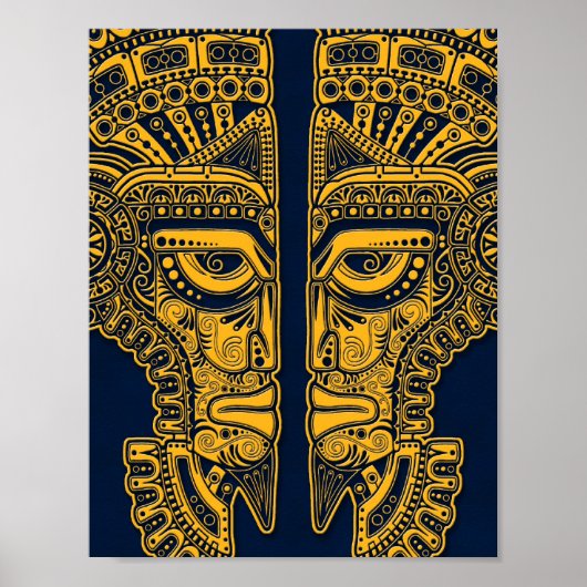 Yellow Mayan Twins Mask Illusion on Blue Poster (Voorkant)