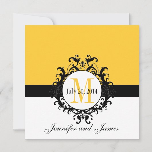 Yellow Monogram Damask Wedding Invitation Kaart (Voorkant)