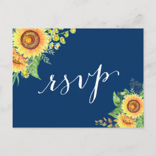 Yellow Navy Blue Sunflower Rustic Wedding RSVP Uitnodiging Briefkaart