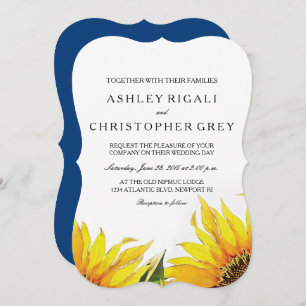 Yellow & Navy Blue Sunflower Wedding Invite Kaart