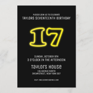Yellow Neon Sign 17th Trendy Birthday Party Kaart