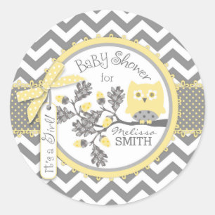 Yellow Owl Chevron Print Baby shower Ronde Sticker