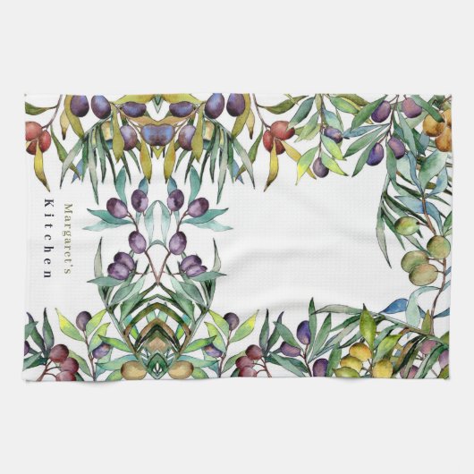 Yellow Paars Olive Pattern en Foliag personalisere Theedoek (Horizontaal)