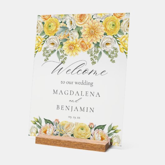 Yellow Peach Flowers Sage Greenery Wedding Welcome Acryl Bord (Hoek)