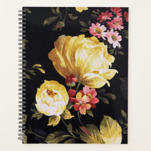 Yellow Peony Design on Black Planner