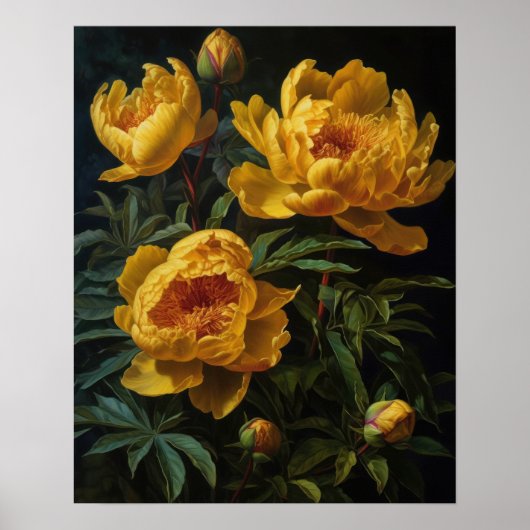 Yellow Peony Flowers Art Print Poster (Voorkant)