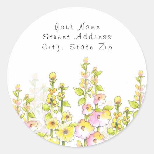"Yellow Pink Pen & Waterverf Hollyhocks' Labels (Voorkant)