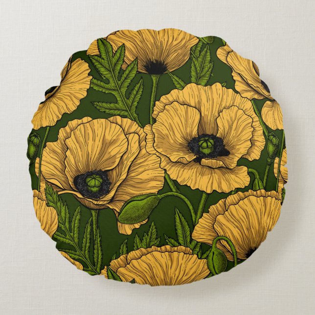 Yellow poppies on dark green rond kussen (Voorkant)