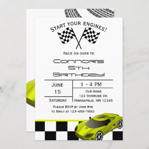 Yellow Race Car Aangepaste uitnodiging voor kind