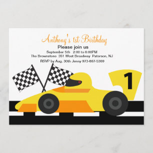 Yellow Race Car Boys First Birthday Uitnodiging