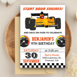 Yellow Race Car Racing Birthday Party Invitation Kaart
