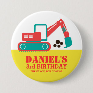 Yellow Red Cartoon Excavator Kinderen, Birthday Bu Ronde Button 7,6 Cm
