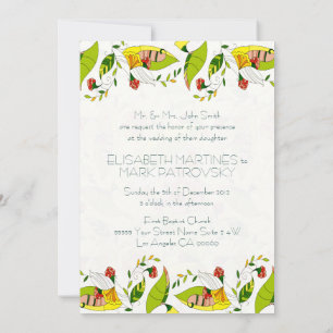 Yellow Retro Abstract Floral Collage-Wedding Invit Kaart