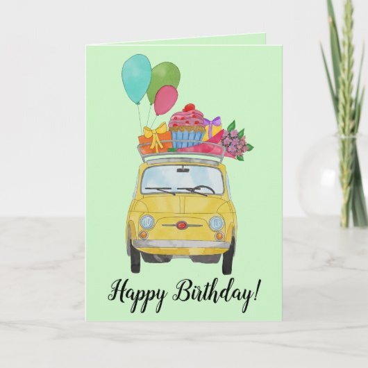 Yellow Retro Fiat 500 Birthday Kaart (Voorkant)