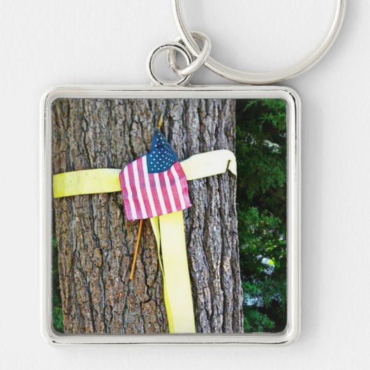 Yellow Ribbon Round Tree & US Flag Sleutelhanger (Voorkant)