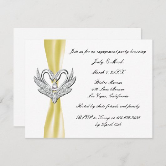Yellow Ribbon Silver Swans Engagement Party Kaart (Voorkant / Achterkant)