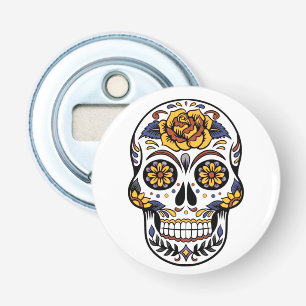 Yellow Rose Sugar Skull Button Flesopener