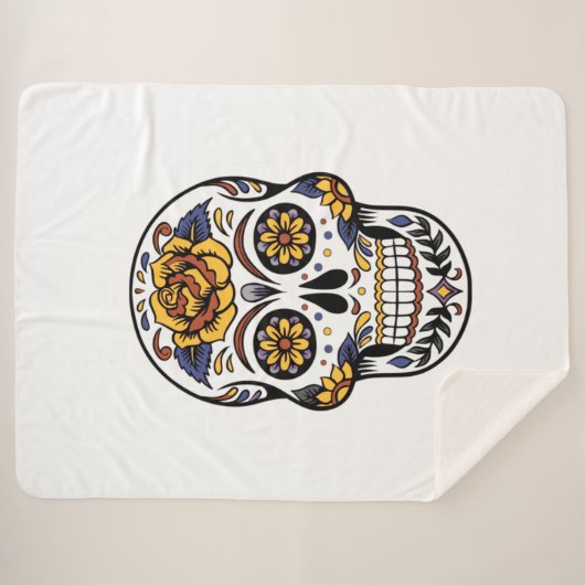 Yellow Rose Sugar Skull Sherpa Deken (Voorkant (horizontaal))