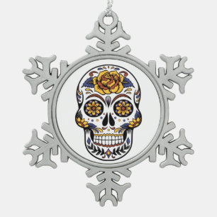 Yellow Rose Sugar Skull Tin Sneeuwvlok Ornament
