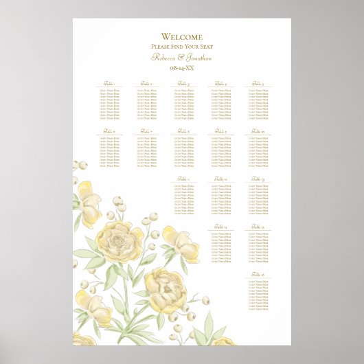 Yellow Rose Wedding Seating Chart Poster (Voorkant)
