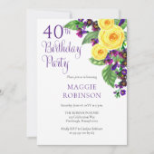 Yellow Roses Violet 40th Wedding Birthday Party Kaart (Voorkant)