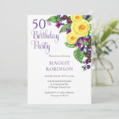 Yellow Roses Violet 50th Wedding Birthday Party Kaart (Staand voorkant)