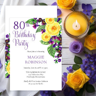 Yellow Roses Violet 80th Wedding Birthday Party Kaart