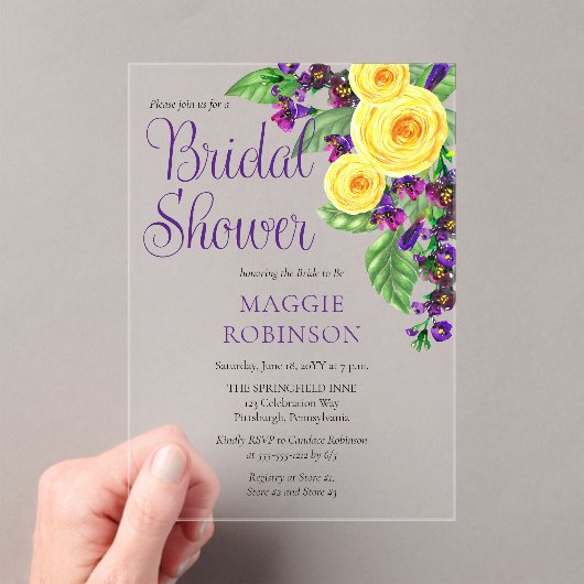 Yellow Roses | Violets Boho Floral Bridal Shower Acryl Uitnodigingen (Insitu (Draagbaar))