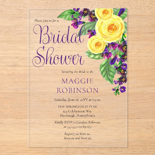 Yellow Roses | Violets Boho Floral Bridal Shower Acryl Uitnodigingen (Voorkant)