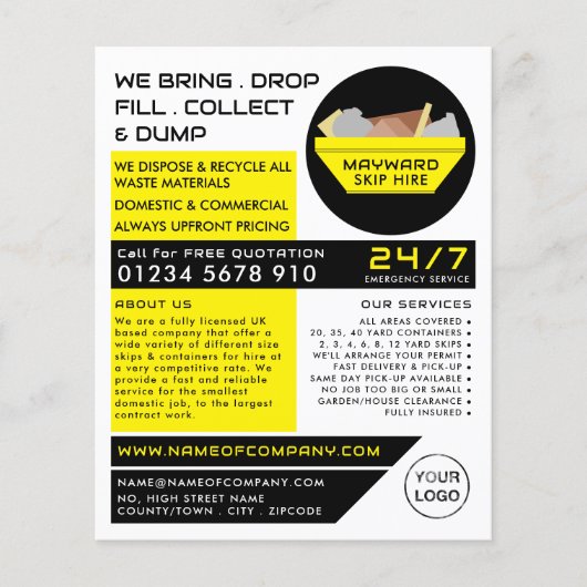 Yellow Rubbish Skip, Skip/Dumpster Company Flyer (Voorkant)
