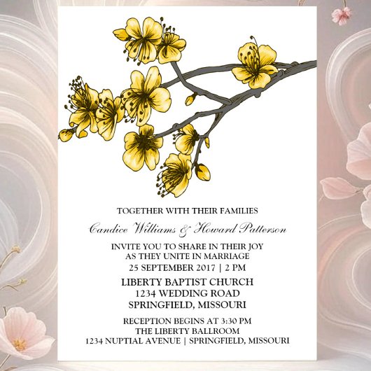 Yellow Simple Cherry Blossom Wedding Invite Kaart
