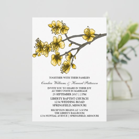 Yellow Simple Cherry Blossom Wedding Invite Kaart (Staand voorkant)